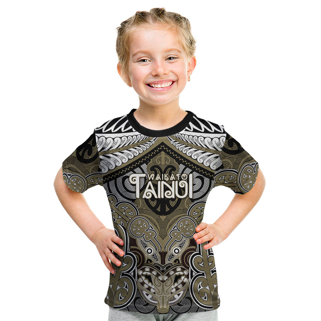 Aotearoa Iwi Waikato Tainui Personalised Kid T Shirt Maori Kowhaiwhai Pattern LT19 Dark Yellow - Polynesian Pride