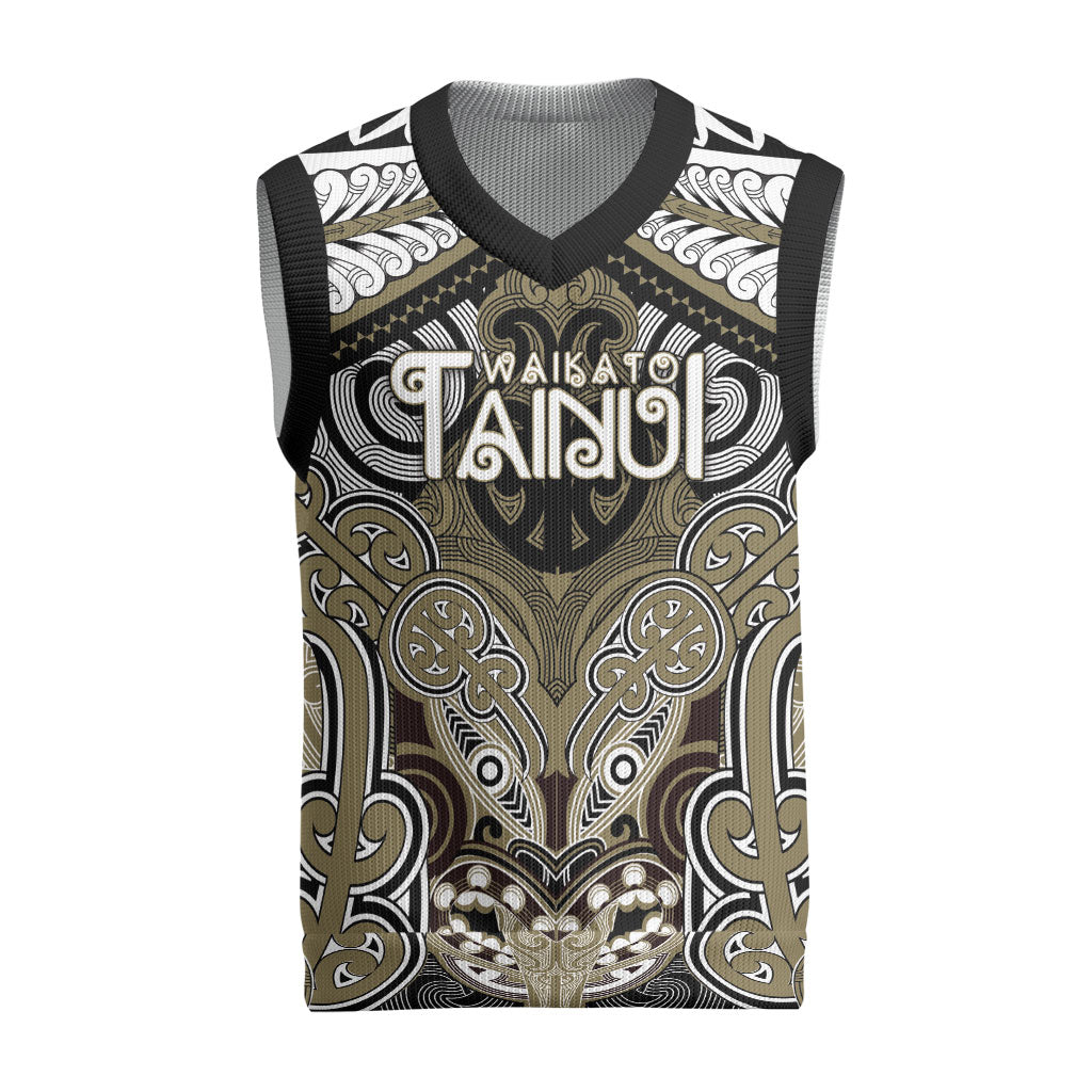 Aotearoa Iwi Waikato Tainui Personalised Christmas Knitted V-Neck Vest Maori Kowhaiwhai Pattern LT19 Dark Yellow - Polynesian Pride