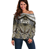 Aotearoa Iwi Waikato Tainui Personalised Off Shoulder Sweater Maori Kowhaiwhai Pattern LT19 Women Dark Yellow - Polynesian Pride