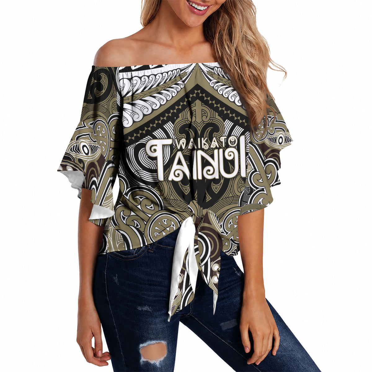 Aotearoa Iwi Waikato Tainui Personalised Off Shoulder Wrap Waist Top Maori Kowhaiwhai Pattern LT19 Dark Yellow - Polynesian Pride