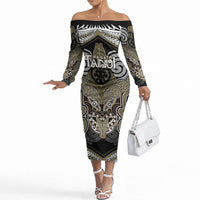 Aotearoa Iwi Waikato Tainui Personalised Off The Shoulder Long Sleeve Dress Maori Kowhaiwhai Pattern LT19 Women Dark Yellow - Polynesian Pride