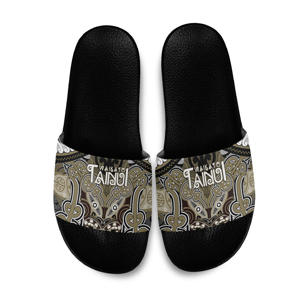 Aotearoa Iwi Waikato Tainui Slide Sandals Maori Kowhaiwhai Pattern LT19 Dark Yellow - Polynesian Pride