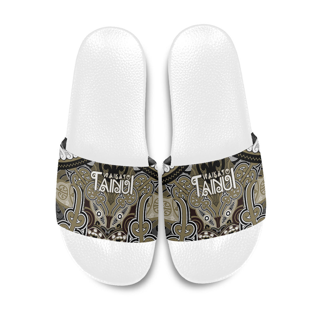 Aotearoa Iwi Waikato Tainui Slide Sandals Maori Kowhaiwhai Pattern LT19 Dark Yellow - Polynesian Pride
