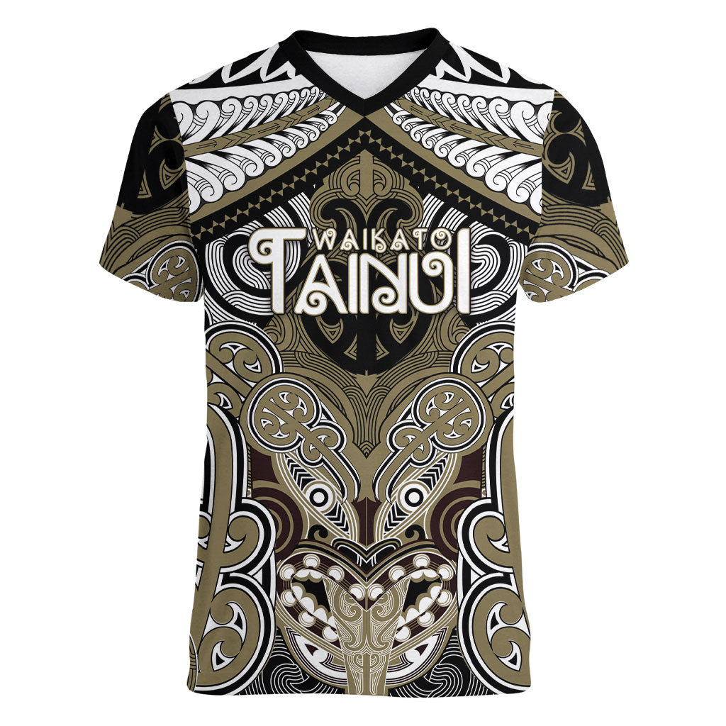 Aotearoa Iwi Waikato Tainui Personalised Women V-Neck T-Shirt Maori Kowhaiwhai Pattern LT19 Female Dark Yellow - Polynesian Pride