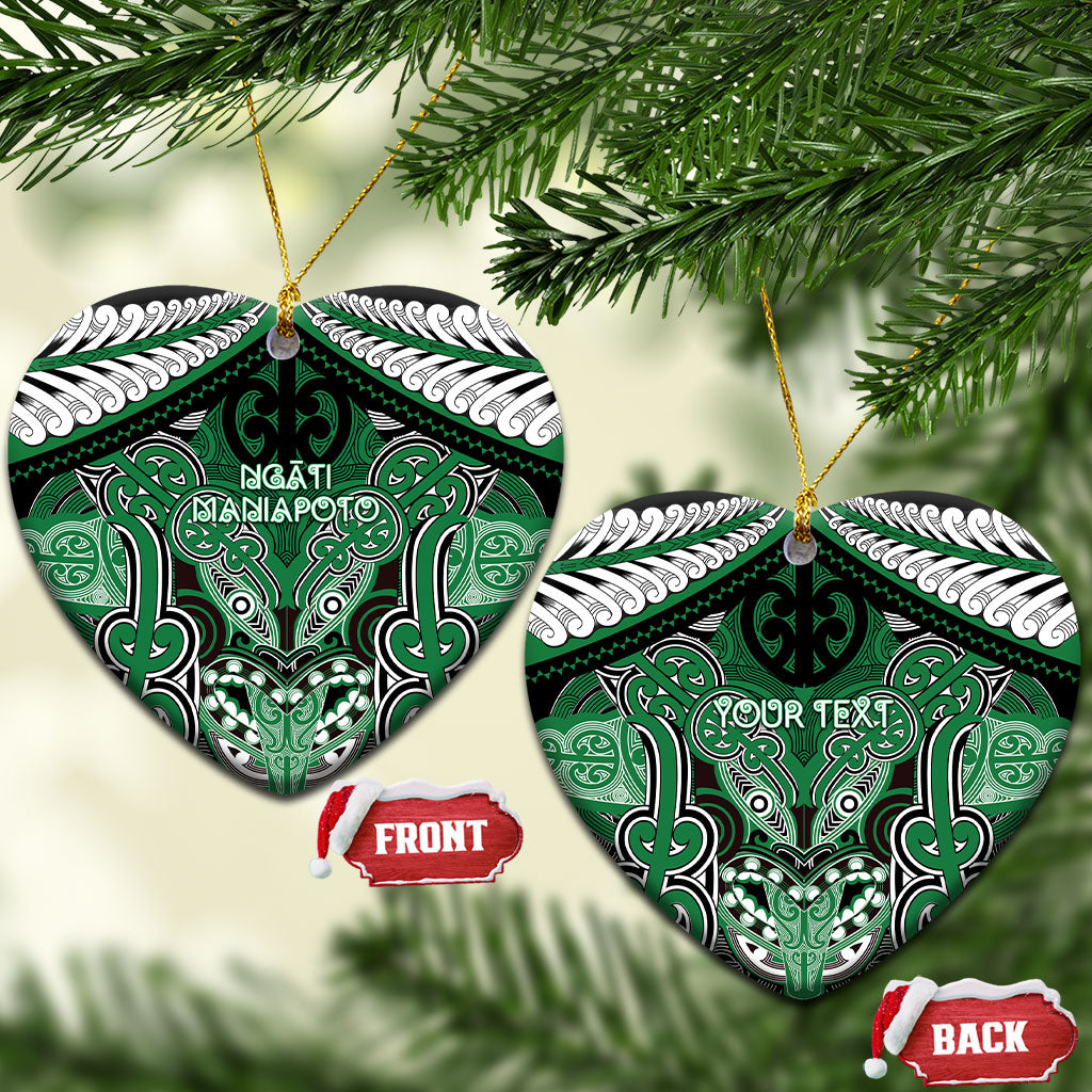 Aotearoa Iwi Ngati Maniapoto Personalised Ceramic Ornament Maori Kowhaiwhai Pattern LT19 Heart Green - Polynesian Pride