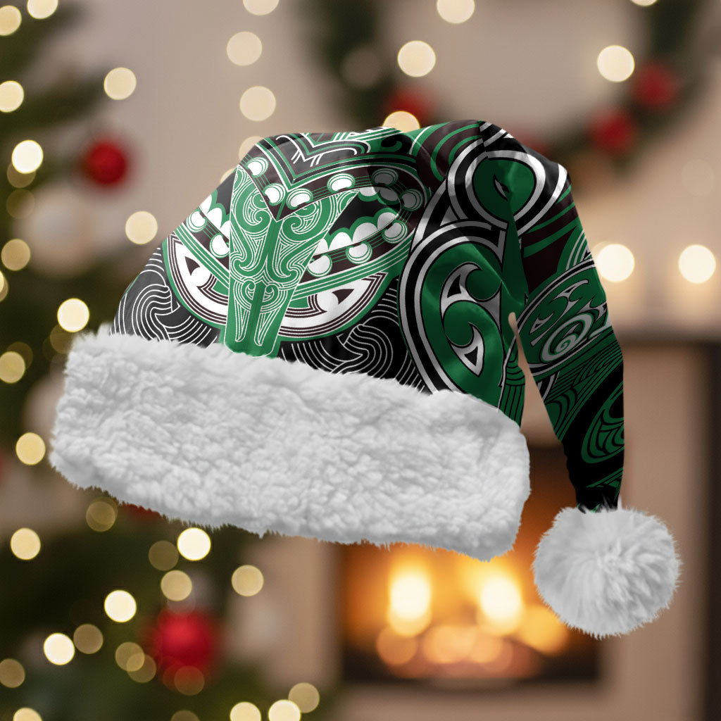 Aotearoa Iwi Ngati Maniapoto Personalised Christmas Santa Hat Maori Kowhaiwhai Pattern LT19 With Fur Green - Polynesian Pride