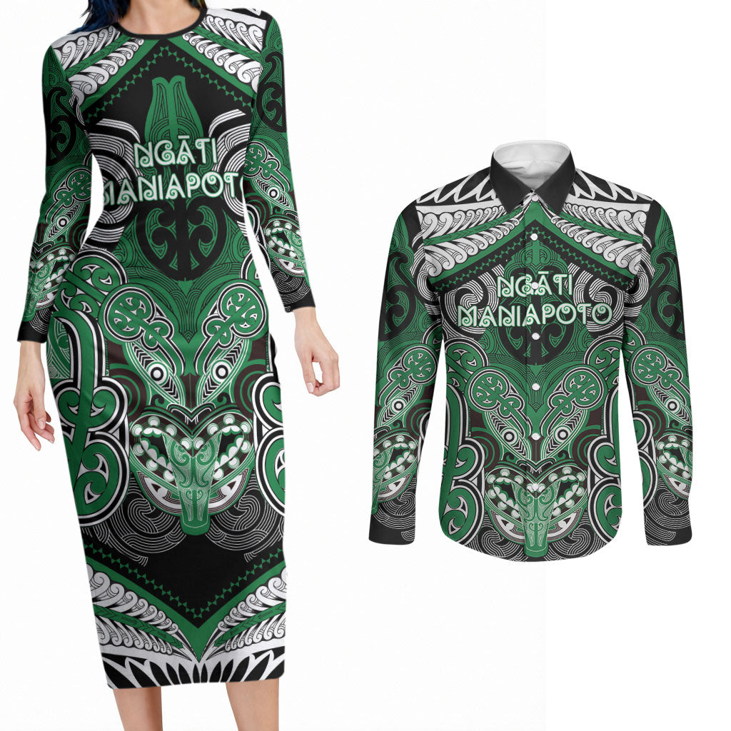 Aotearoa Iwi Ngati Maniapoto Personalised Couples Matching Long Sleeve Bodycon Dress and Long Sleeve Button Shirt Maori Kowhaiwhai Pattern LT19 Green - Polynesian Pride