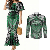 Aotearoa Iwi Ngati Maniapoto Personalised Couples Matching Mermaid Dress and Long Sleeve Button Shirt Maori Kowhaiwhai Pattern LT19 Green - Polynesian Pride