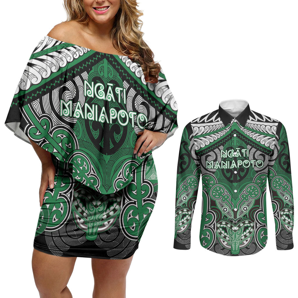 Aotearoa Iwi Ngati Maniapoto Personalised Couples Matching Off Shoulder Short Dress and Long Sleeve Button Shirt Maori Kowhaiwhai Pattern LT19 Green - Polynesian Pride