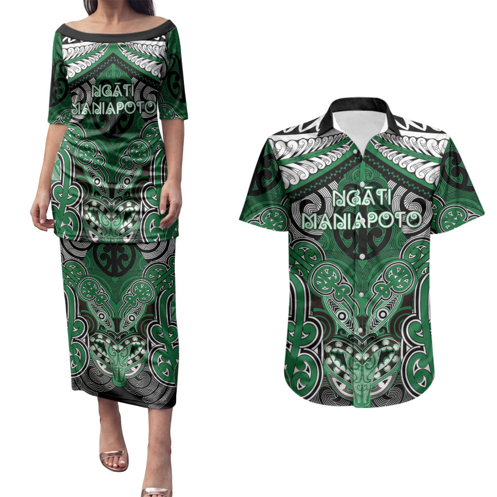 Aotearoa Iwi Ngati Maniapoto Personalised Couples Matching Puletasi and Hawaiian Shirt Maori Kowhaiwhai Pattern LT19 Green - Polynesian Pride