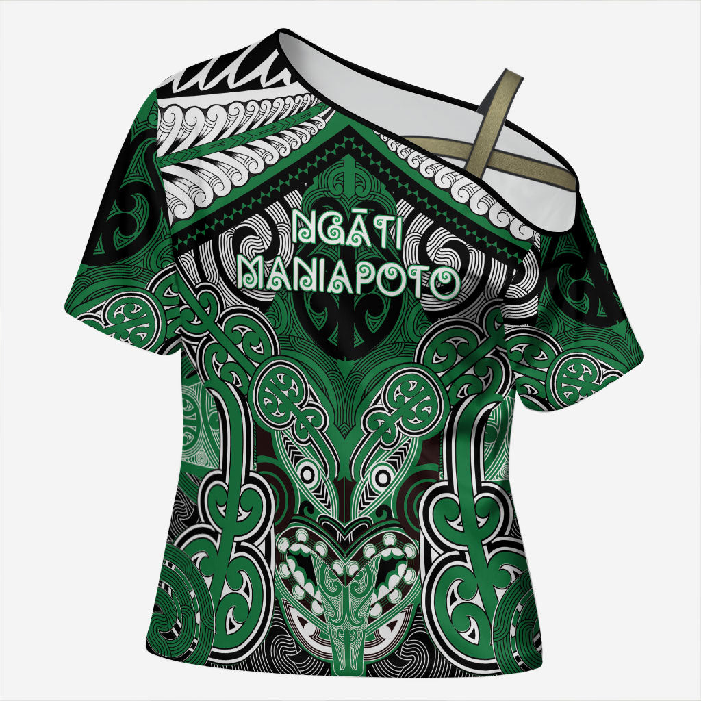 Aotearoa Iwi Ngati Maniapoto Personalised Cross Shoulder Shirt Maori Kowhaiwhai Pattern LT19 Female Green - Polynesian Pride