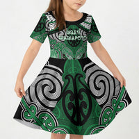 Aotearoa Iwi Ngati Maniapoto Personalised Kid Short Sleeve Dress Maori Kowhaiwhai Pattern LT19 KID Green - Polynesian Pride