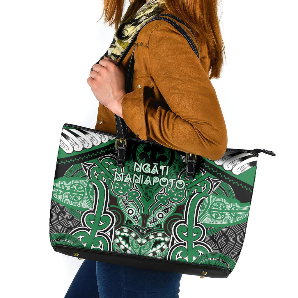 Aotearoa Iwi Ngati Maniapoto Leather Tote Bag Maori Kowhaiwhai Pattern LT19 Green - Polynesian Pride