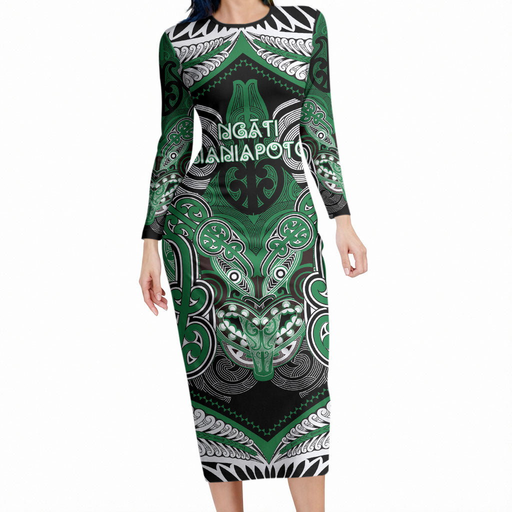 Aotearoa Iwi Ngati Maniapoto Personalised Long Sleeve Bodycon Dress Maori Kowhaiwhai Pattern LT19 Long Dress Green - Polynesian Pride