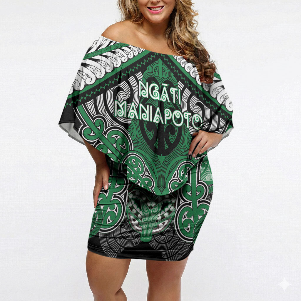 Aotearoa Iwi Ngati Maniapoto Personalised Off Shoulder Short Dress Maori Kowhaiwhai Pattern LT19 Women Green - Polynesian Pride