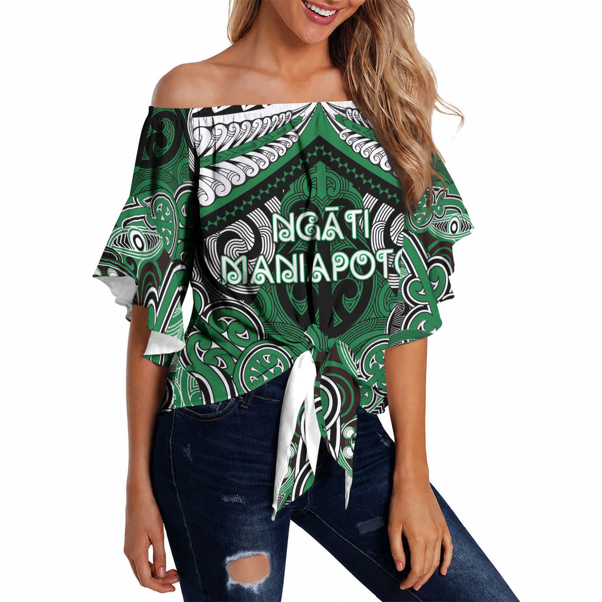 Aotearoa Iwi Ngati Maniapoto Personalised Off Shoulder Wrap Waist Top Maori Kowhaiwhai Pattern LT19 Green - Polynesian Pride