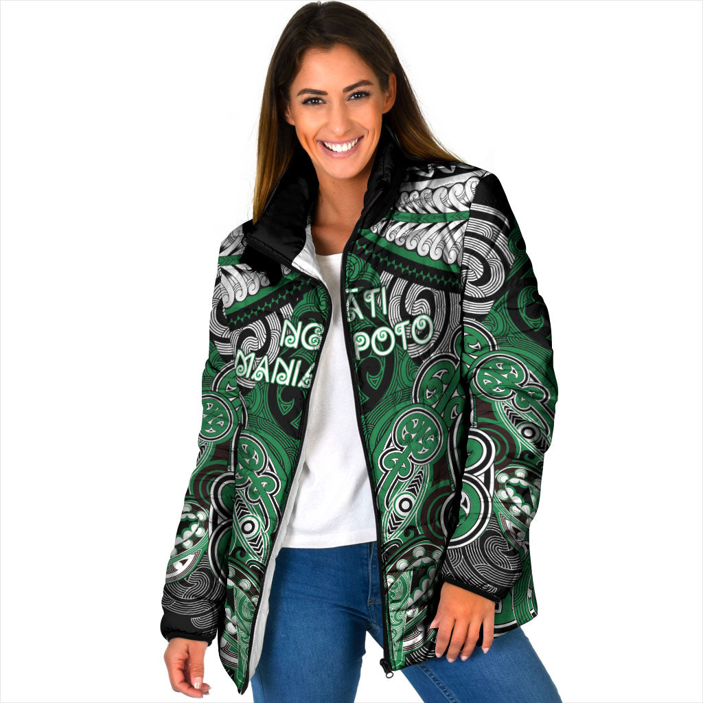 Aotearoa Iwi Ngati Maniapoto Personalised Padded Jacket Maori Kowhaiwhai Pattern LT19 Women Green - Polynesian Pride