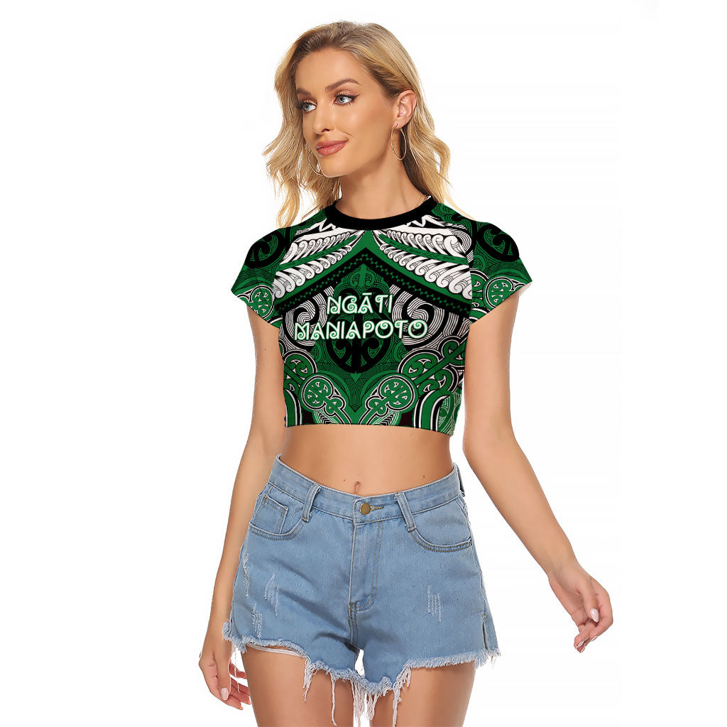 Aotearoa Iwi Ngati Maniapoto Personalised Raglan Cropped T Shirt Maori Kowhaiwhai Pattern LT19 Female Green - Polynesian Pride