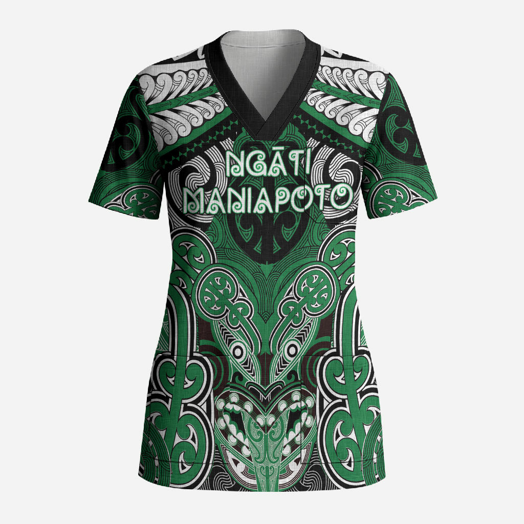 Aotearoa Iwi Ngati Maniapoto Personalised Scrub Top Maori Kowhaiwhai Pattern LT19 Adult Green - Polynesian Pride