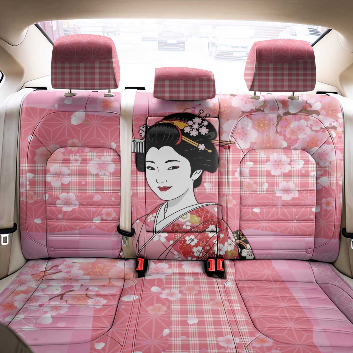 Japanese Geisha Cherry Blossom Back Car Seat Cover Pink Palaka Hawaii Pattern Fusion Design