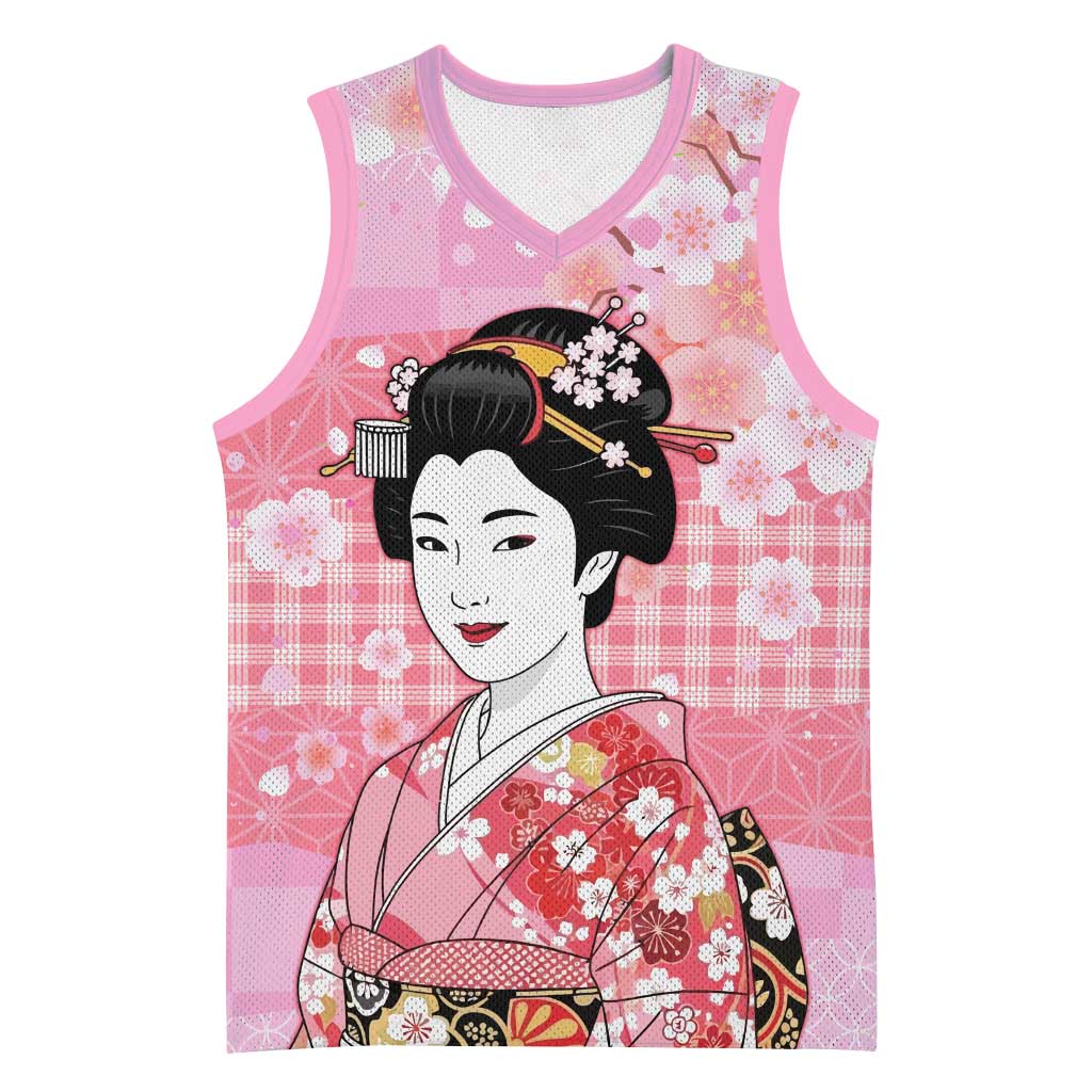 Japanese Geisha Cherry Blossom Basketball Jersey Pink Palaka Hawaii Pattern Fusion Design