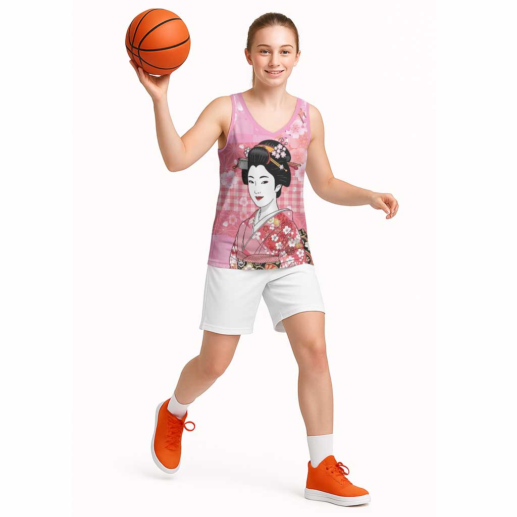 Japanese Geisha Cherry Blossom Basketball Jersey Pink Palaka Hawaii Pattern Fusion Design