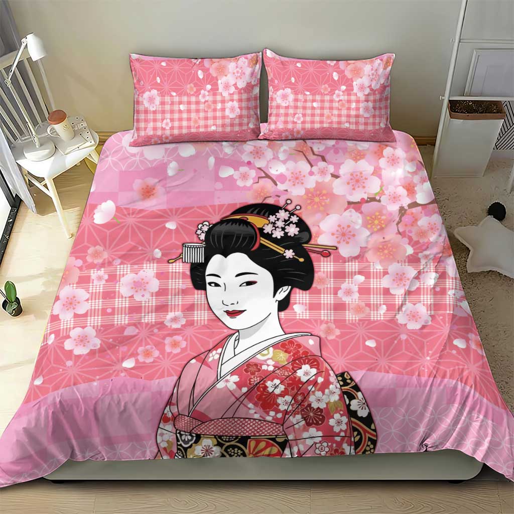 Japanese Geisha Cherry Blossom Bedding Set Pink Palaka Hawaii Pattern Fusion Design