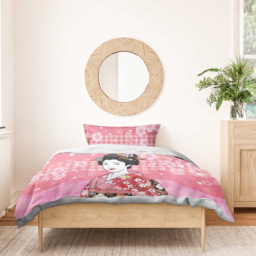 Japanese Geisha Cherry Blossom Bedding Set Pink Palaka Hawaii Pattern Fusion Design