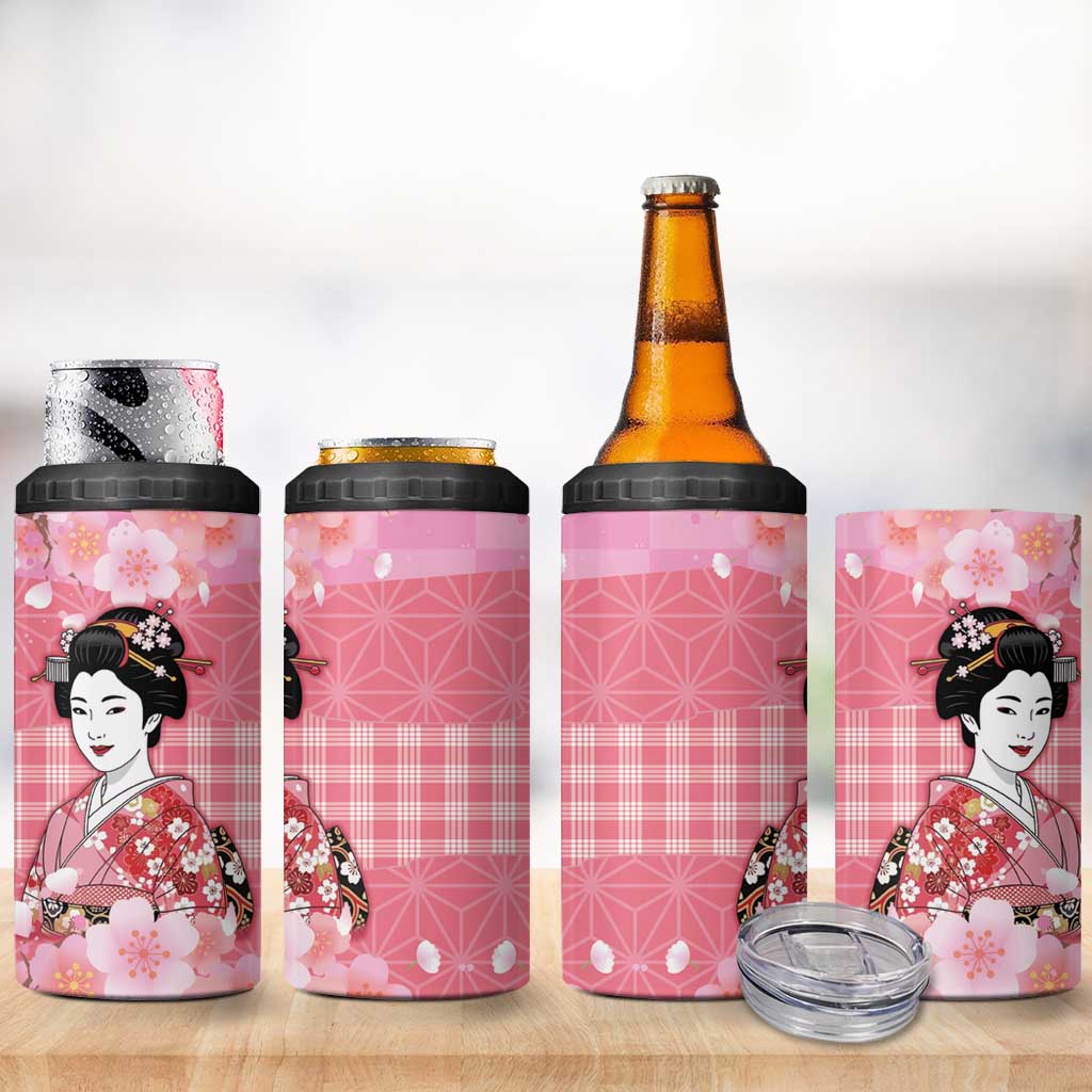 Japanese Geisha Cherry Blossom 4 in 1 Can Cooler Tumbler Pink Palaka Hawaii Pattern Fusion Design LT19 - Polynesian Pride