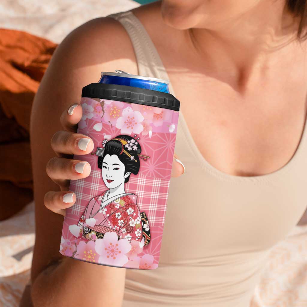 Japanese Geisha Cherry Blossom 4 in 1 Can Cooler Tumbler Pink Palaka Hawaii Pattern Fusion Design LT19 - Polynesian Pride
