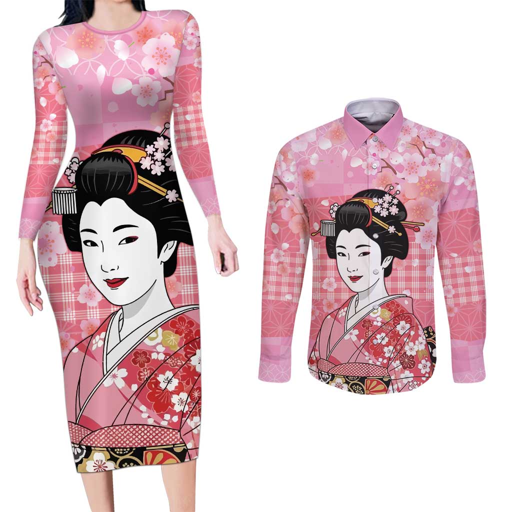 Japanese Geisha Cherry Blossom Couples Matching Long Sleeve Bodycon Dress and Long Sleeve Button Shirt Pink Palaka Hawaii Pattern Fusion Design LT19 Pink - Polynesian Pride