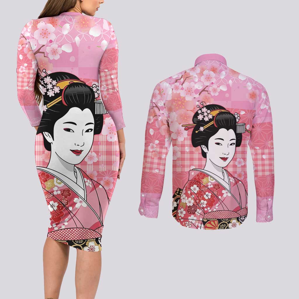 Japanese Geisha Cherry Blossom Couples Matching Long Sleeve Bodycon Dress and Long Sleeve Button Shirt Pink Palaka Hawaii Pattern Fusion Design LT19 - Polynesian Pride