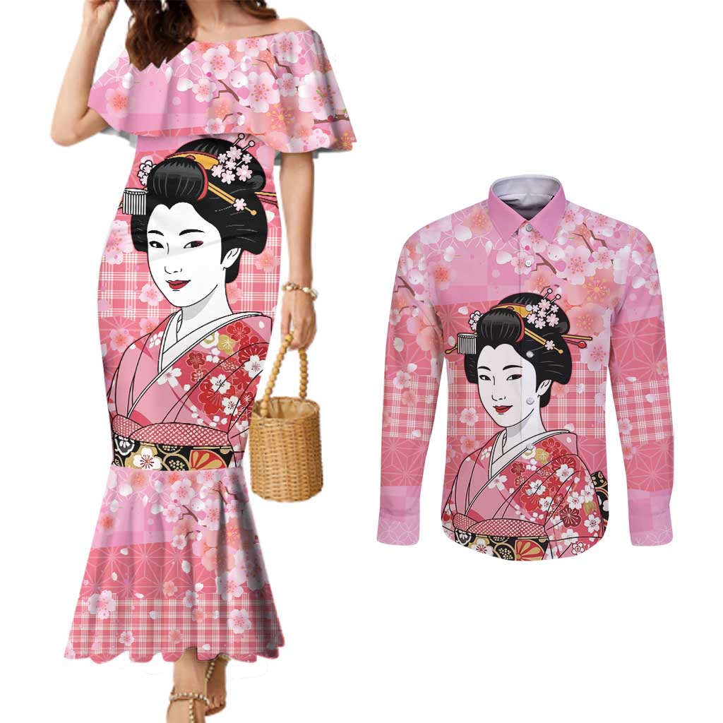 Japanese Geisha Cherry Blossom Couples Matching Mermaid Dress and Long Sleeve Button Shirt Pink Palaka Hawaii Pattern Fusion Design LT19 Pink - Polynesian Pride