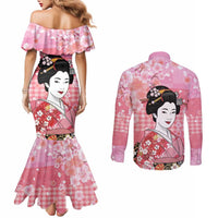 Japanese Geisha Cherry Blossom Couples Matching Mermaid Dress and Long Sleeve Button Shirt Pink Palaka Hawaii Pattern Fusion Design LT19 - Polynesian Pride