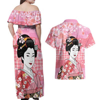 Japanese Geisha Cherry Blossom Couples Matching Off Shoulder Maxi Dress and Hawaiian Shirt Pink Palaka Hawaii Pattern Fusion Design LT19 - Polynesian Pride