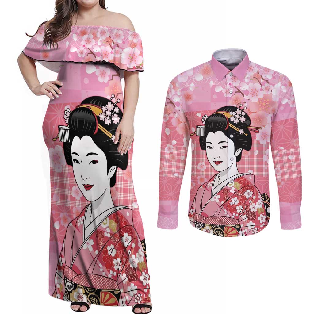 Japanese Geisha Cherry Blossom Couples Matching Off Shoulder Maxi Dress and Long Sleeve Button Shirt Pink Palaka Hawaii Pattern Fusion Design LT19 Pink - Polynesian Pride