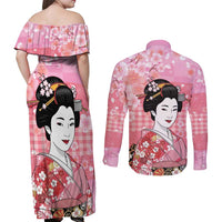 Japanese Geisha Cherry Blossom Couples Matching Off Shoulder Maxi Dress and Long Sleeve Button Shirt Pink Palaka Hawaii Pattern Fusion Design LT19 - Polynesian Pride