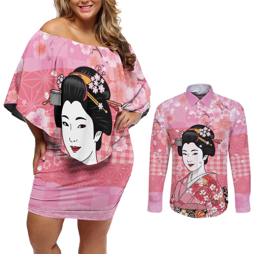 Japanese Geisha Cherry Blossom Couples Matching Off Shoulder Short Dress and Long Sleeve Button Shirt Pink Palaka Hawaii Pattern Fusion Design LT19 Pink - Polynesian Pride