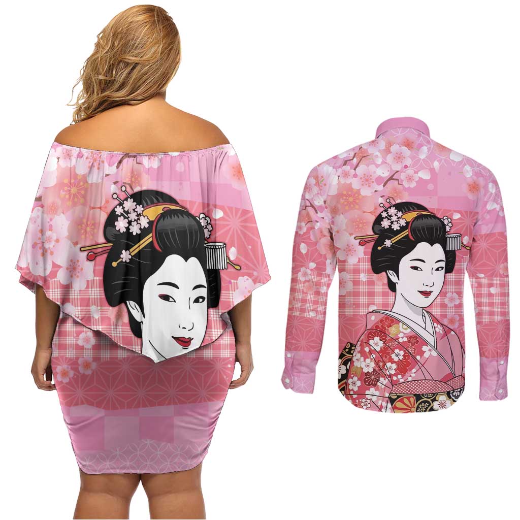 Japanese Geisha Cherry Blossom Couples Matching Off Shoulder Short Dress and Long Sleeve Button Shirt Pink Palaka Hawaii Pattern Fusion Design LT19 - Polynesian Pride