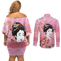 Japanese Geisha Cherry Blossom Couples Matching Off Shoulder Short Dress and Long Sleeve Button Shirt Pink Palaka Hawaii Pattern Fusion Design LT19 - Polynesian Pride