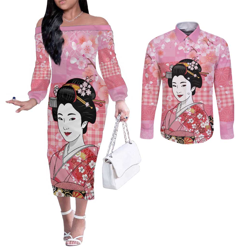 Japanese Geisha Cherry Blossom Couples Matching Off The Shoulder Long Sleeve Dress and Long Sleeve Button Shirt Pink Palaka Hawaii Pattern Fusion Design LT19 Pink - Polynesian Pride