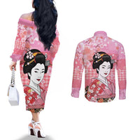 Japanese Geisha Cherry Blossom Couples Matching Off The Shoulder Long Sleeve Dress and Long Sleeve Button Shirt Pink Palaka Hawaii Pattern Fusion Design LT19 - Polynesian Pride
