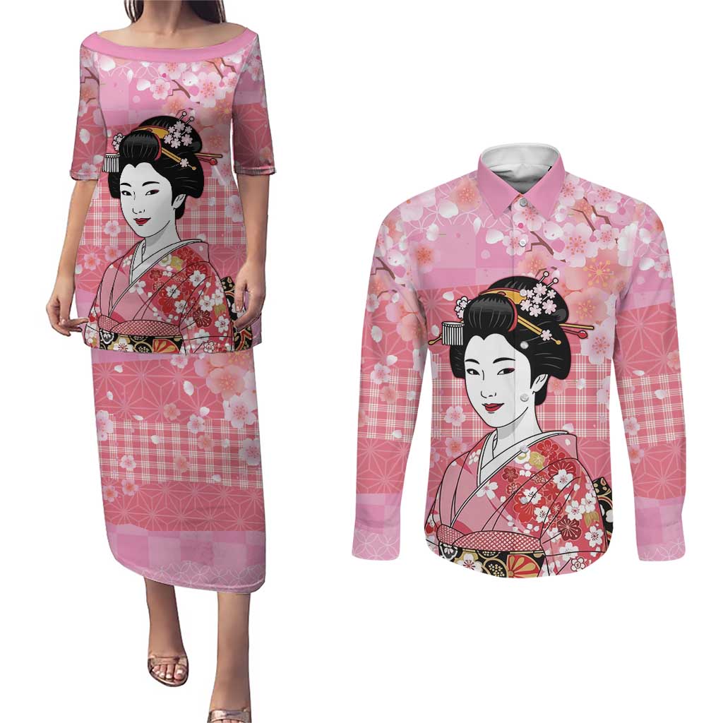 Japanese Geisha Cherry Blossom Couples Matching Puletasi and Long Sleeve Button Shirt Pink Palaka Hawaii Pattern Fusion Design LT19 Pink - Polynesian Pride