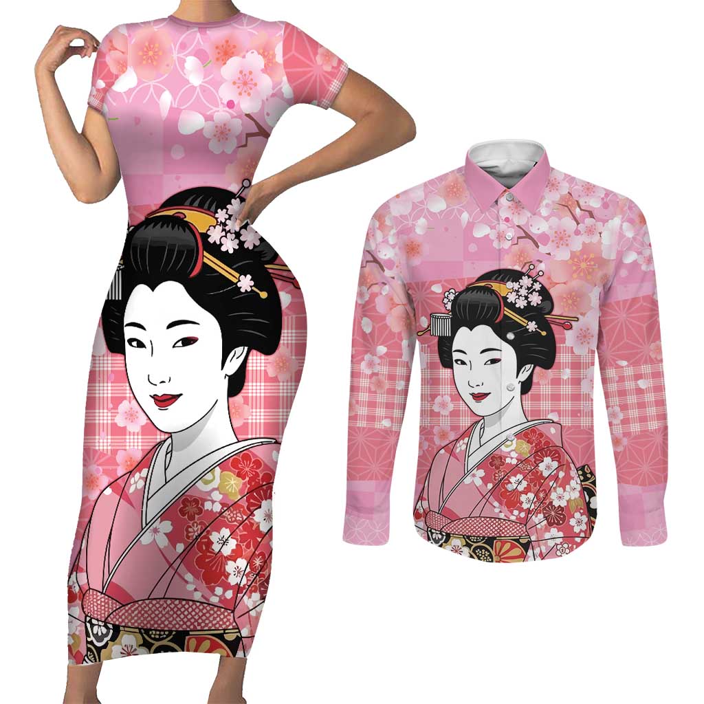 Japanese Geisha Cherry Blossom Couples Matching Short Sleeve Bodycon Dress and Long Sleeve Button Shirt Pink Palaka Hawaii Pattern Fusion Design LT19 Pink - Polynesian Pride