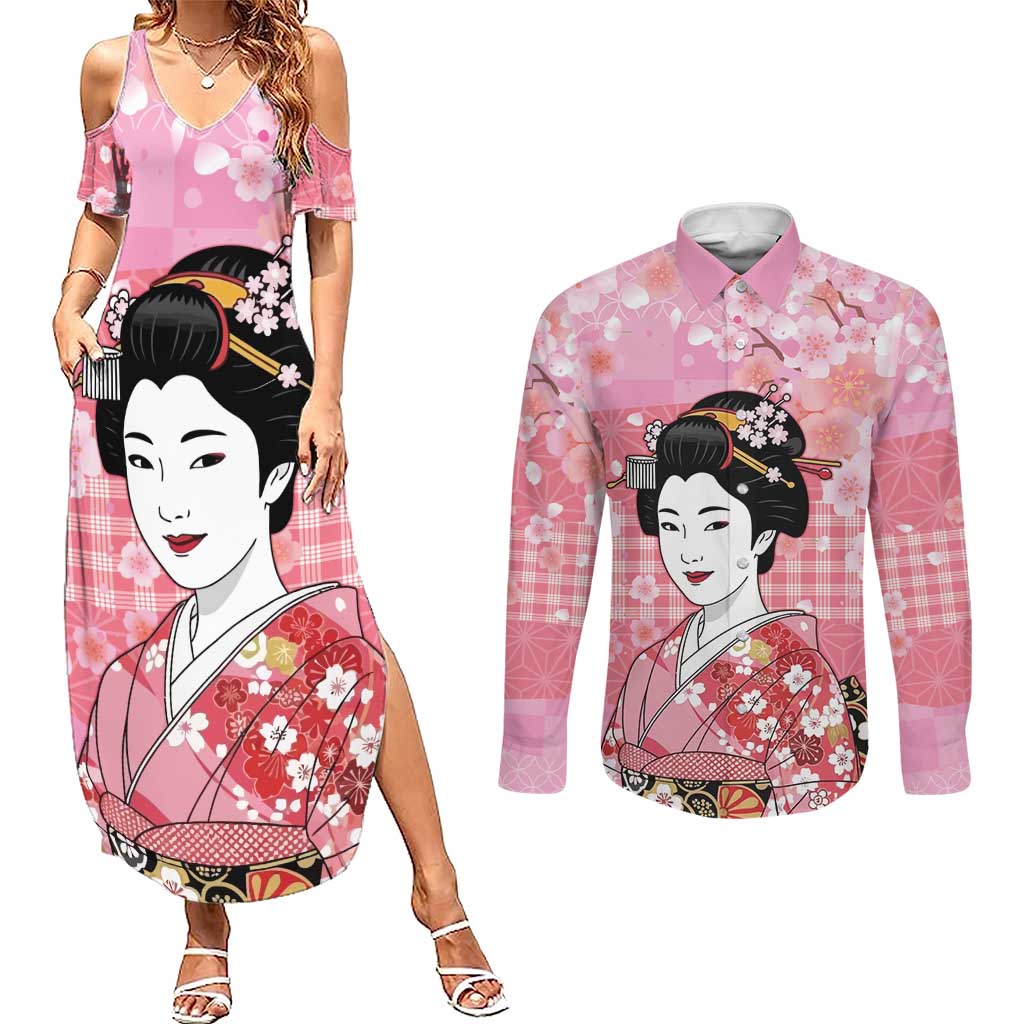 Japanese Geisha Cherry Blossom Couples Matching Summer Maxi Dress and Long Sleeve Button Shirt Pink Palaka Hawaii Pattern Fusion Design LT19 Pink - Polynesian Pride