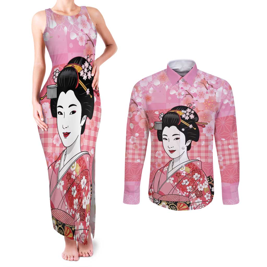 Japanese Geisha Cherry Blossom Couples Matching Tank Maxi Dress and Long Sleeve Button Shirt Pink Palaka Hawaii Pattern Fusion Design LT19 Pink - Polynesian Pride
