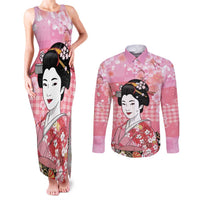 Japanese Geisha Cherry Blossom Couples Matching Tank Maxi Dress and Long Sleeve Button Shirt Pink Palaka Hawaii Pattern Fusion Design LT19 Pink - Polynesian Pride