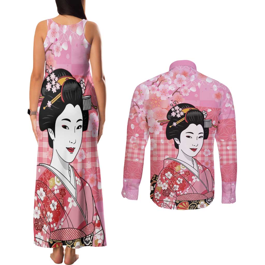 Japanese Geisha Cherry Blossom Couples Matching Tank Maxi Dress and Long Sleeve Button Shirt Pink Palaka Hawaii Pattern Fusion Design LT19 - Polynesian Pride