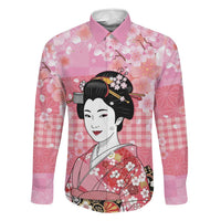 Japanese Geisha Cherry Blossom Family Matching Long Sleeve Bodycon Dress and Hawaiian Shirt Pink Palaka Hawaii Pattern Fusion Design LT19 Dad's Shirt - Long Sleeve Pink - Polynesian Pride