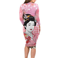 Japanese Geisha Cherry Blossom Family Matching Long Sleeve Bodycon Dress and Hawaiian Shirt Pink Palaka Hawaii Pattern Fusion Design LT19 - Polynesian Pride